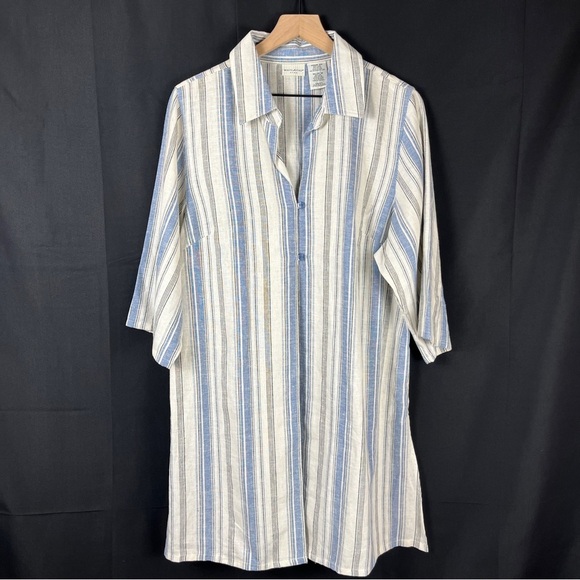 White Stag Tops - Womens Linen Blend Blue White Striped Long Tunic Shirt Size 16W Lagen Coastal
